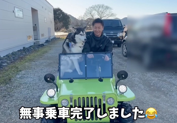 ミニカーに乗るハスキー犬と男性