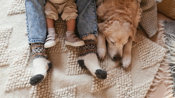 マットの上の女性と犬