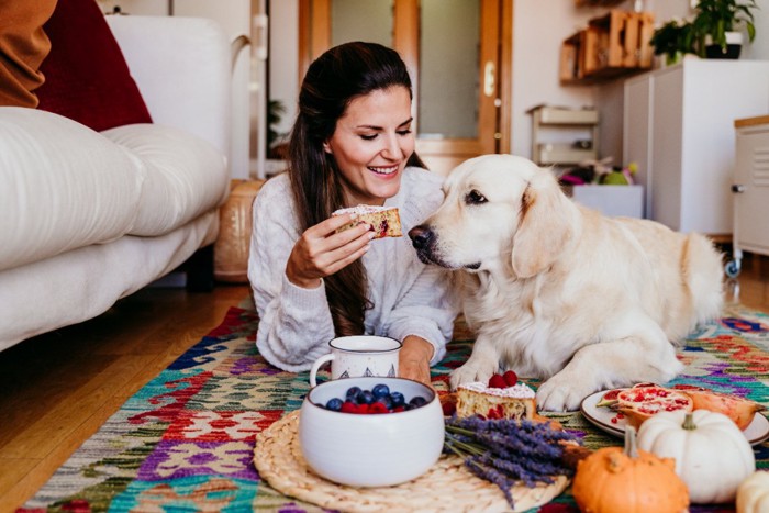 スイーツと女性と犬