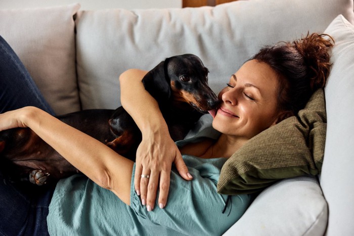 女性の顔を舐める犬