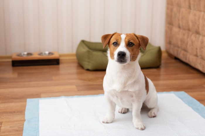 床に敷いてあるペットシーツの上に座る犬