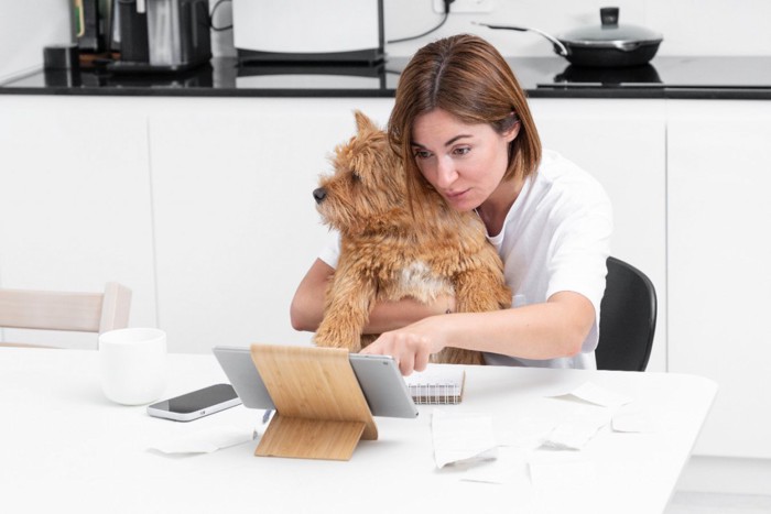 犬を抱っこしながらタブレットを触る女性