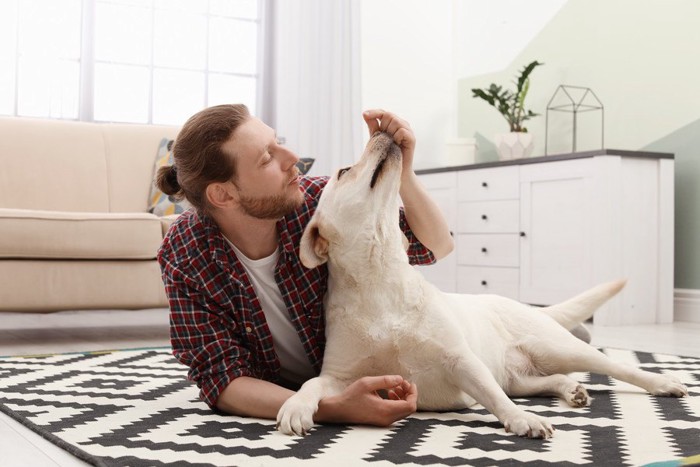 犬と遊ぶ男性