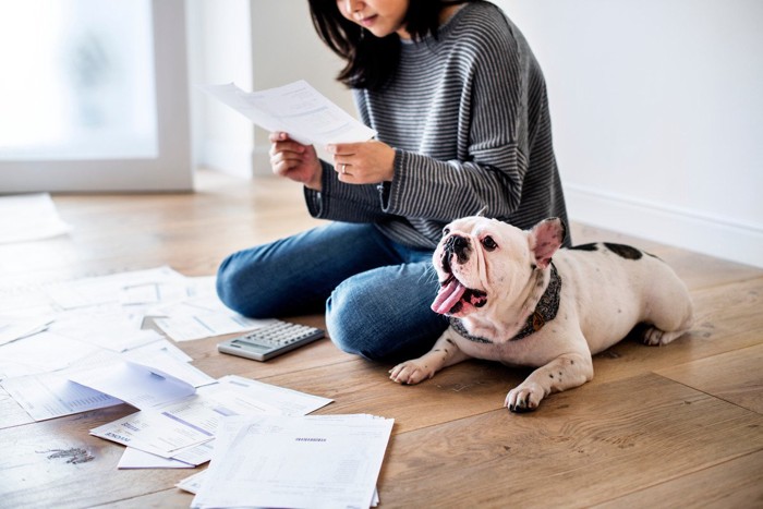 明細を見る女性と犬