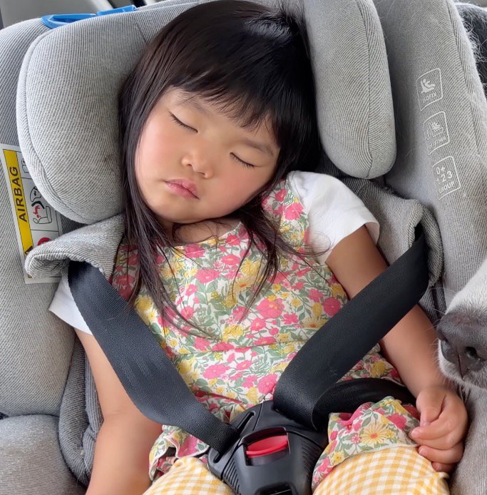チャイルドシートに座って眠る女の子