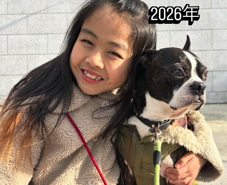 笑顔で写真に撮られる4年後の女の子と、カメラから視線を逸らす犬