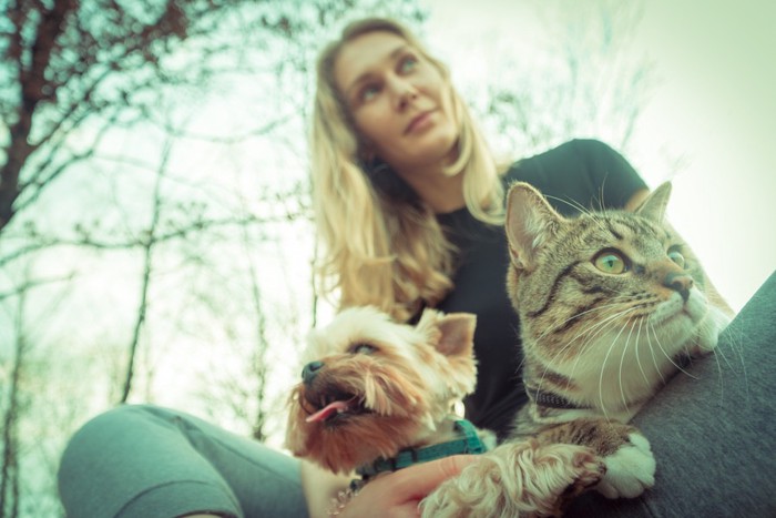 犬と猫を膝に乗せる女性