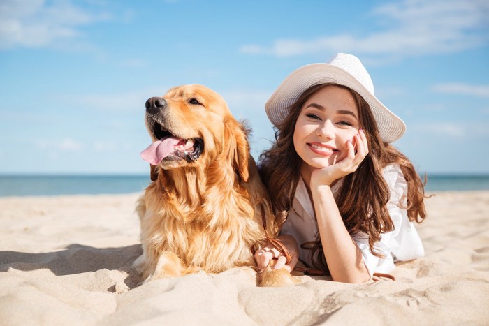 砂浜に寝そべる犬と女性