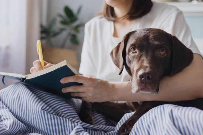 犬のそばでメモを取る飼い主