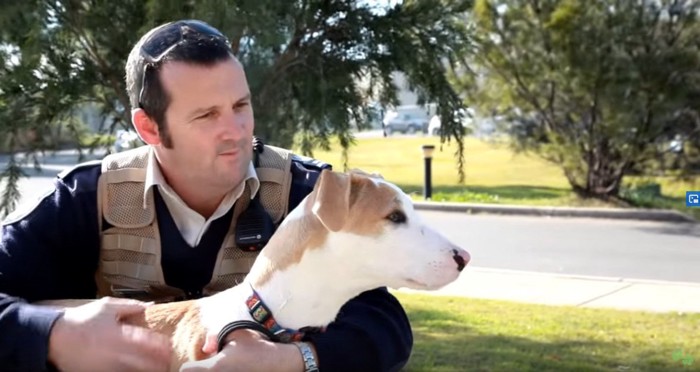 制服姿の男性と犬