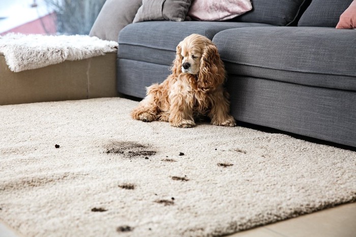 カーペットを汚してしまい落ち込んでいる犬