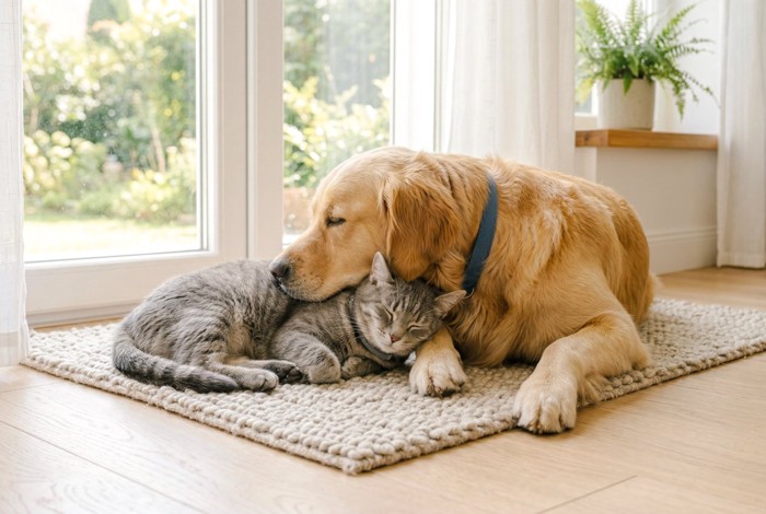 寄り添って眠る犬と猫