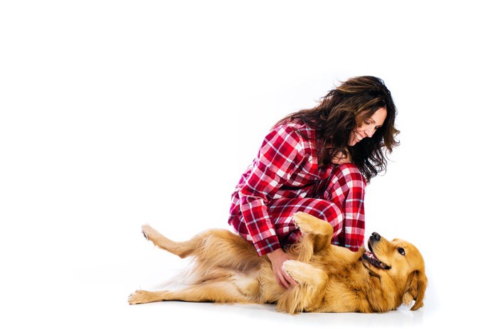 女性に甘える犬