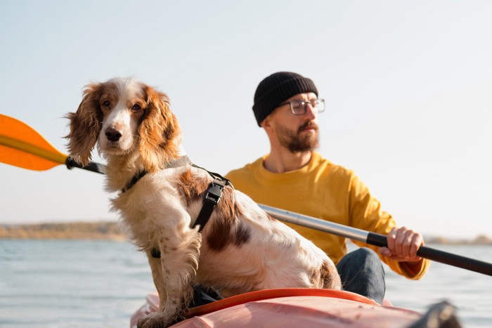 カヌーを楽しむ男性と犬