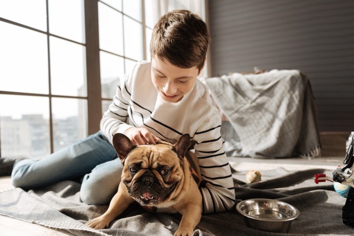 犬と遊んでいる男の子